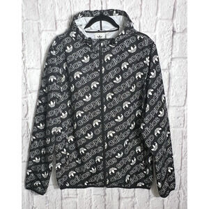 ADIDAS Monogram Windbreaker Raincoat Hooded Track Jacket Mens Black Size S